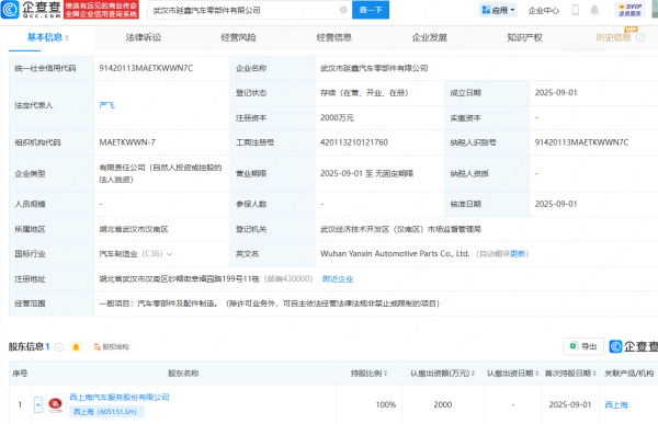 人人配 西上海在武汉成立汽车零部件公司